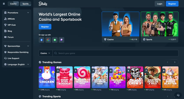 Stake casino lobby showing trending games on screen